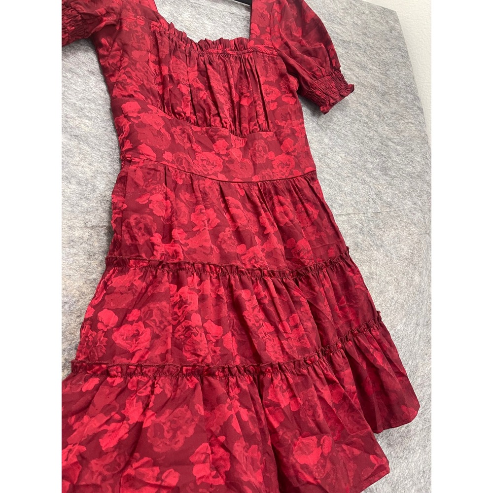 Altar'd State Burgundy Red Floral Jacquard Smocked Tiered Mini Dress Womens M - Picture 11 of 11
